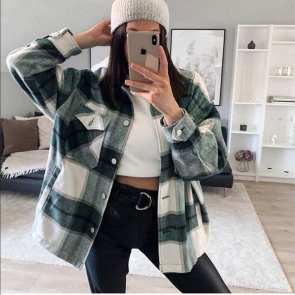 New Plaid Stripe Oversized Flannel Shirt Shacket Jacket Coat Western - Picture 4 of 10